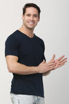 Solid Men V Neck Navy Blue T Shirt