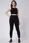 Women's Gym Co-Ord Set Black Leggings & Sleeveless Crop Top