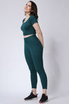 Women's Gym Co-Ord Set Green Leggings & Half Sleeves Crop Top