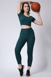 Women's Gym Co-Ord Set Green Leggings & Half Sleeves Crop Top