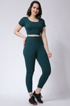 Women's Gym Co-Ord Set Green Leggings & Half Sleeves Crop Top