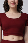 Women's Gym Co-Ord Set Maroon Leggings & Half Sleeves Crop Top