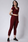 Women's Gym Co-Ord Set Maroon Leggings & Half Sleeves Crop Top