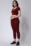 Women's Gym Co-Ord Set Maroon Leggings & Half Sleeves Crop Top