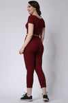 Women's Gym Co-Ord Set Maroon Leggings & Half Sleeves Crop Top
