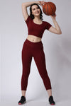 Women's Gym Co-Ord Set Maroon Leggings & Half Sleeves Crop Top