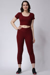 Women's Gym Co-Ord Set Maroon Leggings & Half Sleeves Crop Top