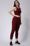 Women's Gym Co-Ord Set Maroon Leggings & Sleeveless Crop Top