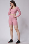 Women's Gym Co-Ord Set Pink Shorts & Full Sleeves Crop Top