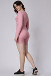 Women's Gym Co-Ord Set Pink Shorts & Full Sleeves Crop Top