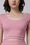 Women's Pink Ribbed Shorts and Half Sleeves Crop Top Co-Ord Set