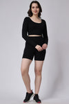 Women's Black Ribbed Shorts and Full Sleeves Crop Top Co-Ord Set