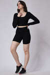 Women's Black Ribbed Shorts and Full Sleeves Crop Top Co-Ord Set