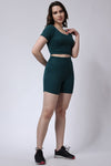 Women's Green Shorts and Half Sleeves Crop Top Gym Co-Ord Set